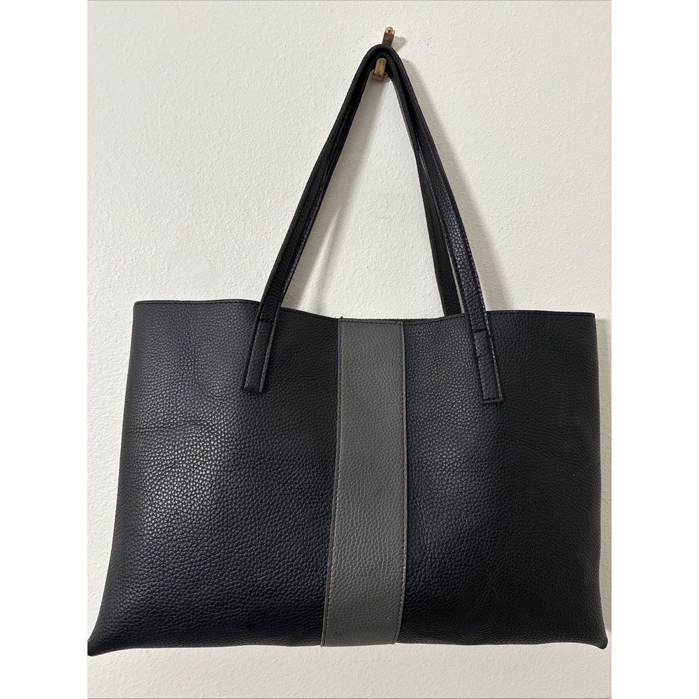 Vince Camuto Genuine Leather Tote Bag Black Pebbled‎ w/ Gray Stripe Accent
